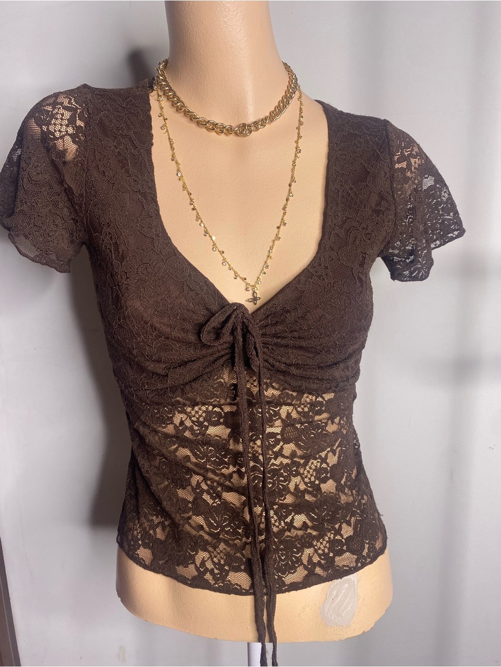 Brown Lace Tie-Front Short Sleeve Blouse